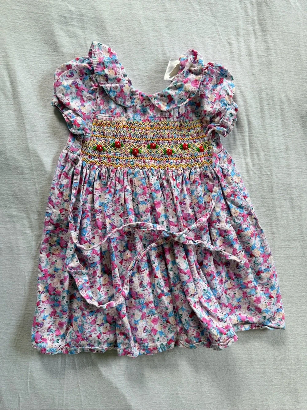 Sissy mini Girls Pink Floral Smocked Dress with Peter Pan Collar | 2T